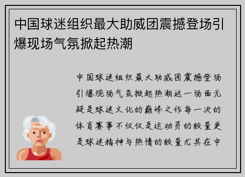 中国球迷组织最大助威团震撼登场引爆现场气氛掀起热潮