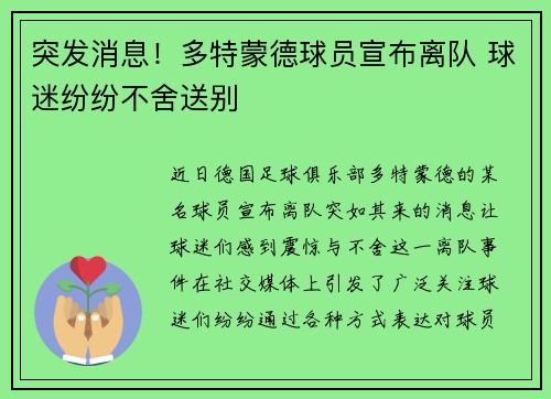 突发消息！多特蒙德球员宣布离队 球迷纷纷不舍送别